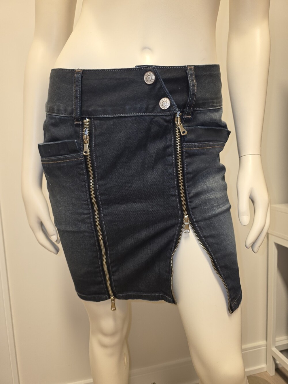 Silvian Heach Dark Blue Zip-Front Denim Mini Skirt S Y2k Cargo Pockets Mid Rise